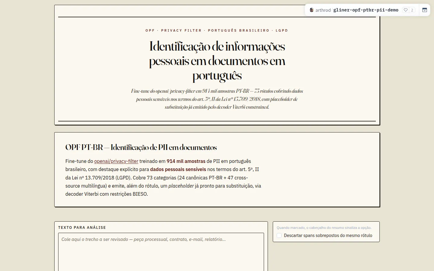 The pt-BR PII demo on Hugging Face: a Portuguese-language form for pasting text to be checked for personal data